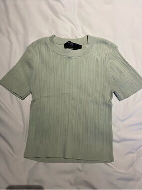 Simons Sage Green Ribbed Short Sleeve Top